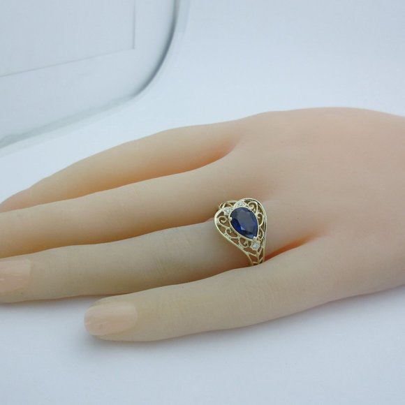 14k Blue Sapphire Diamond Ring Natural Pear Jewelry Filigree Sophia Fiori 6 1/2 - Picture 8 of 9